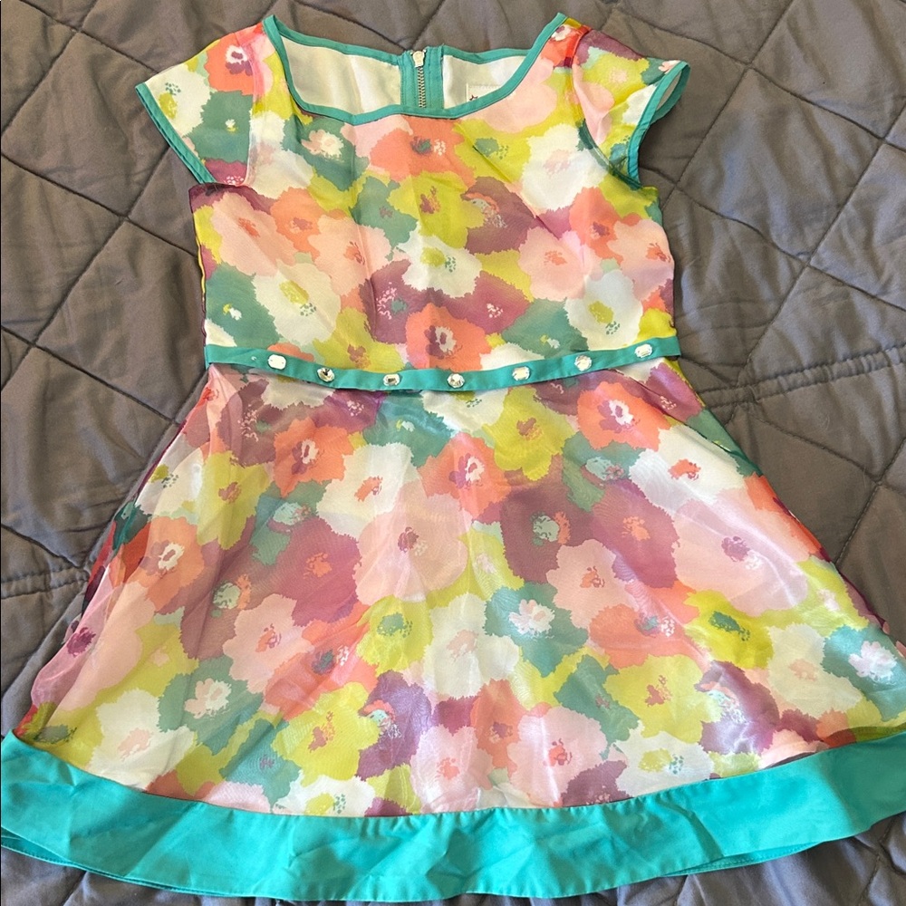American Girl Multicolor Floral Dress with Teal Trim